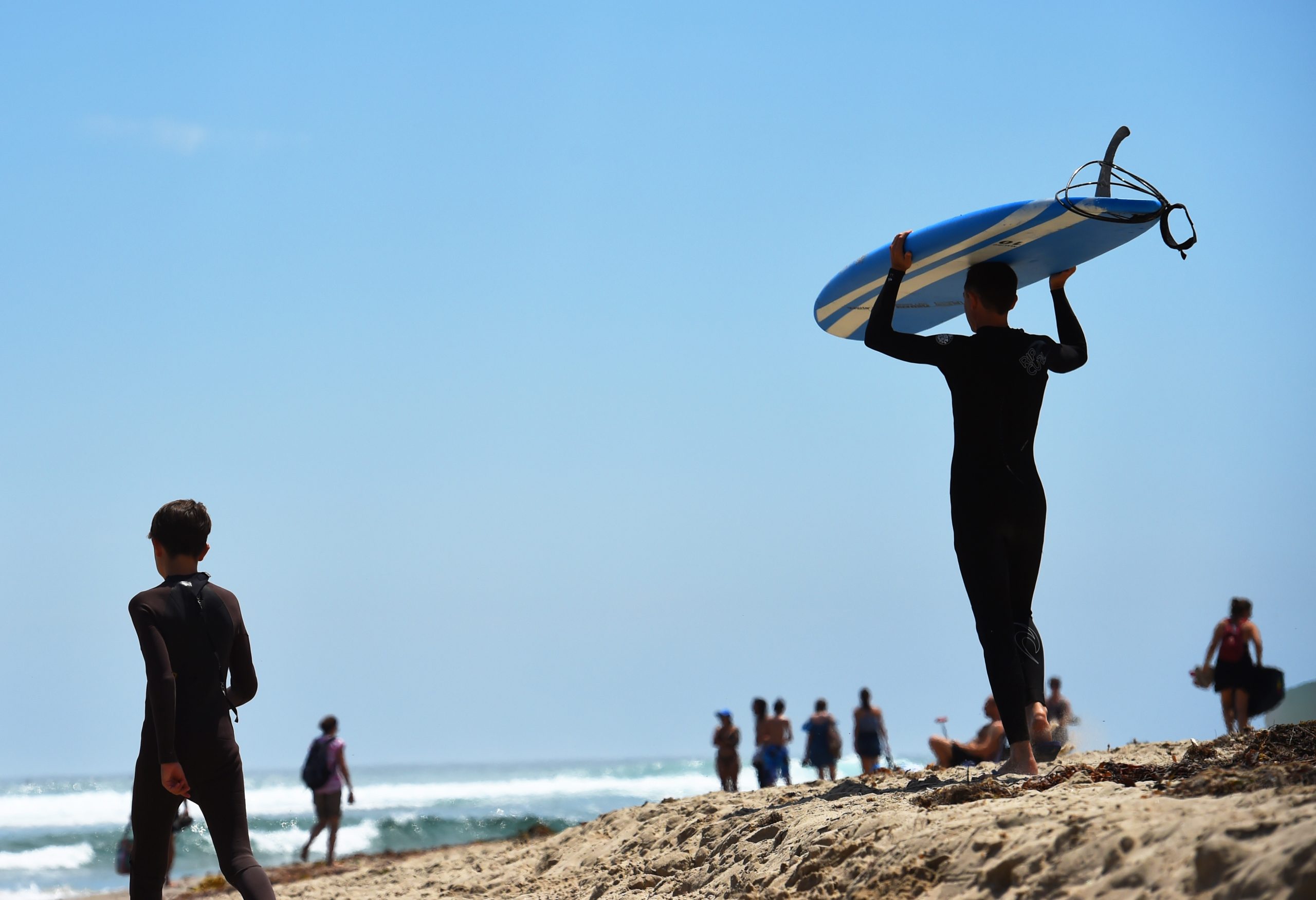 Surfers on shore at Malibu Surfrider Beach