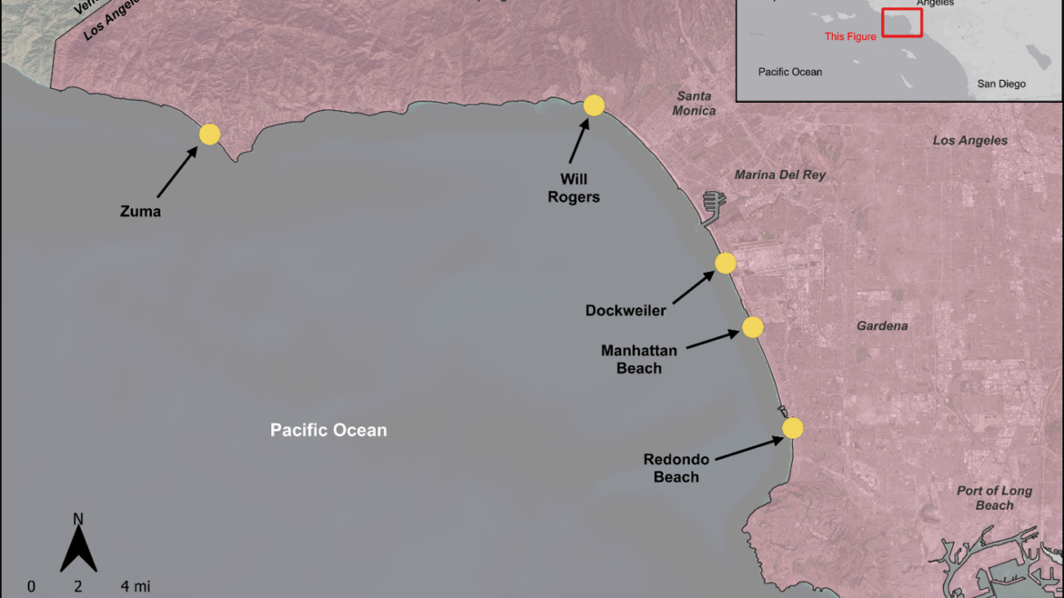 Map of LA County coast with arrows and yellow dots marking sites for the Sand Compatibility and Opportunistic Use Program