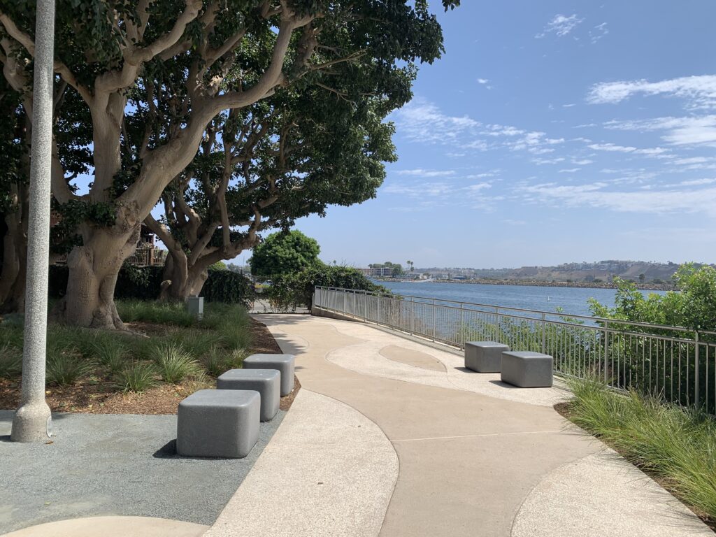 Concrete pedestal seating at Aubrey Austin Park in Marina del Rey