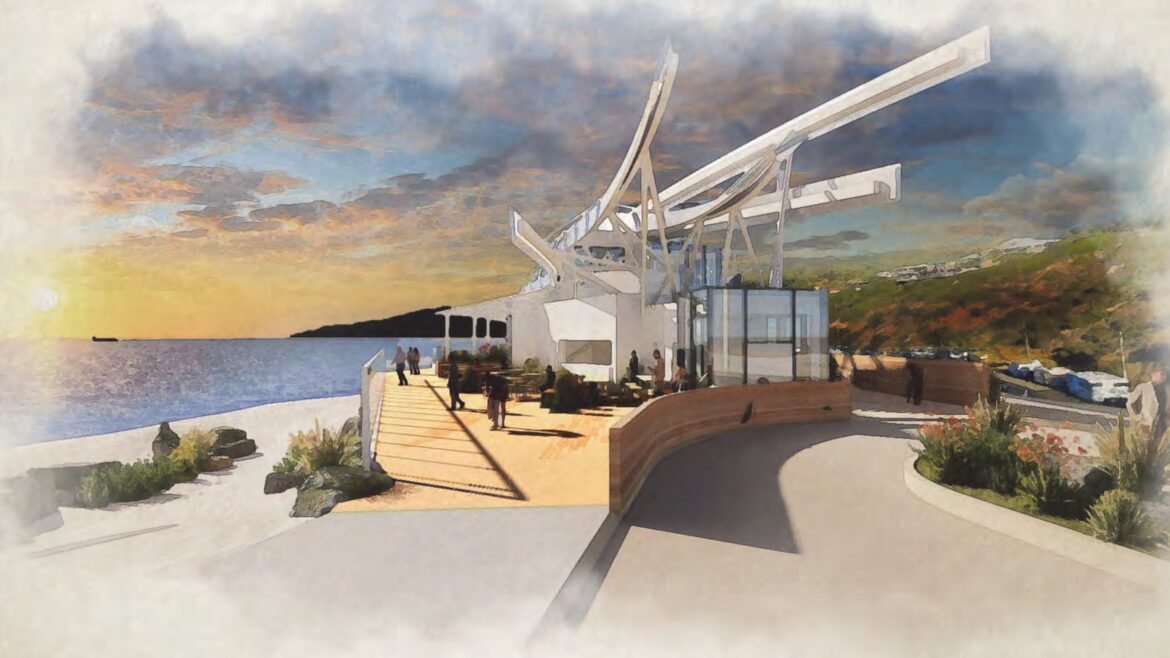 Watercolor rendering of the restaurant that will replace Gladstones at Will Rogers State Beach.