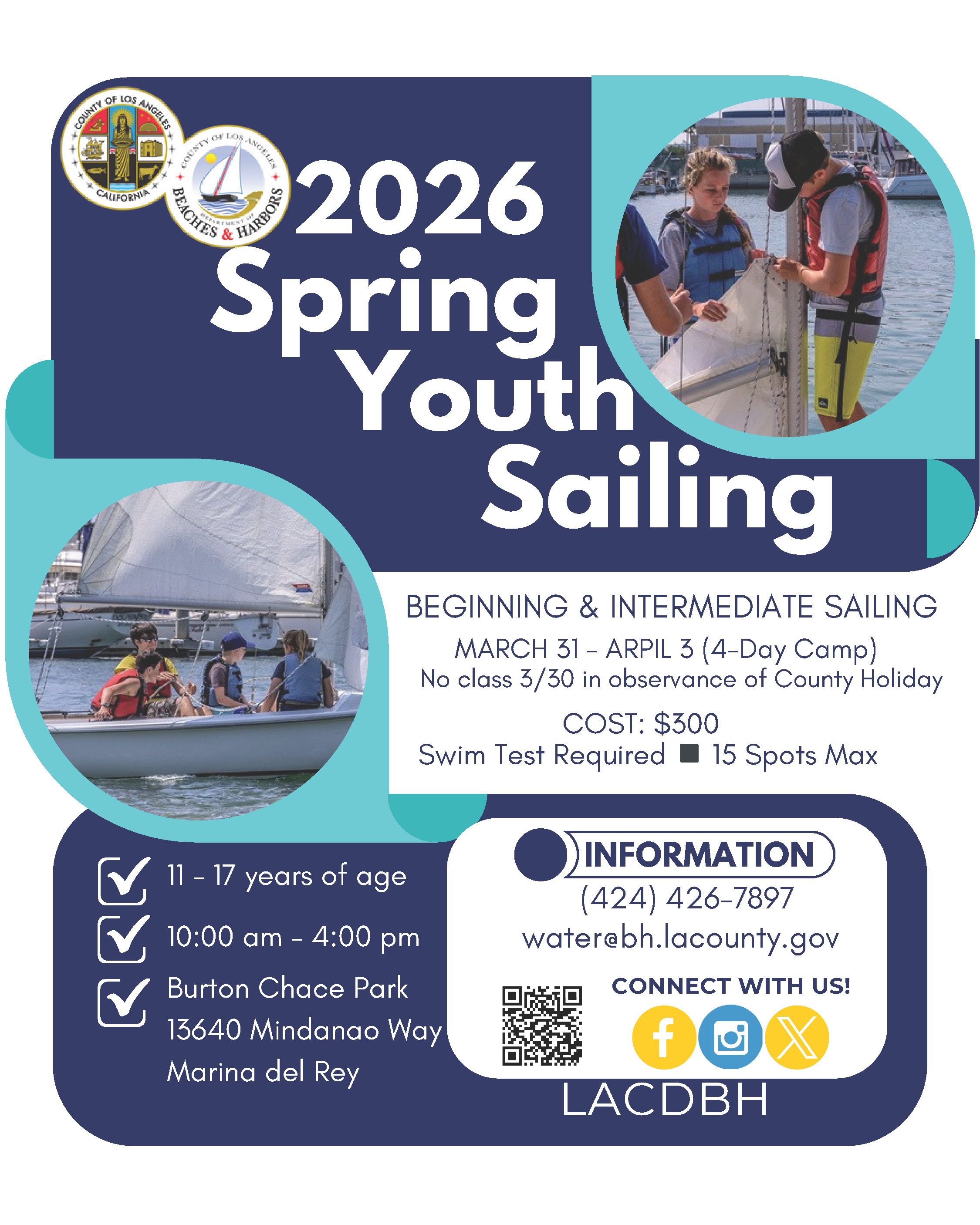 2026 WATER Spring Youth Sailing Camp takes place March 31 to April 3 at Burton Chace Park.