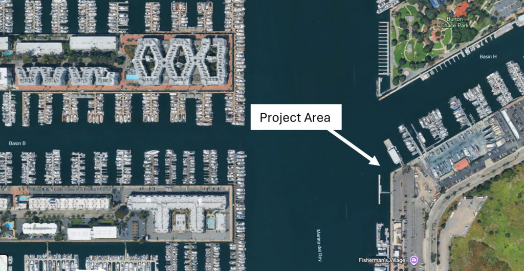 Map showing location of proposed Pinniped Dock in the Marina del Rey main channel near Fishermen's Village.